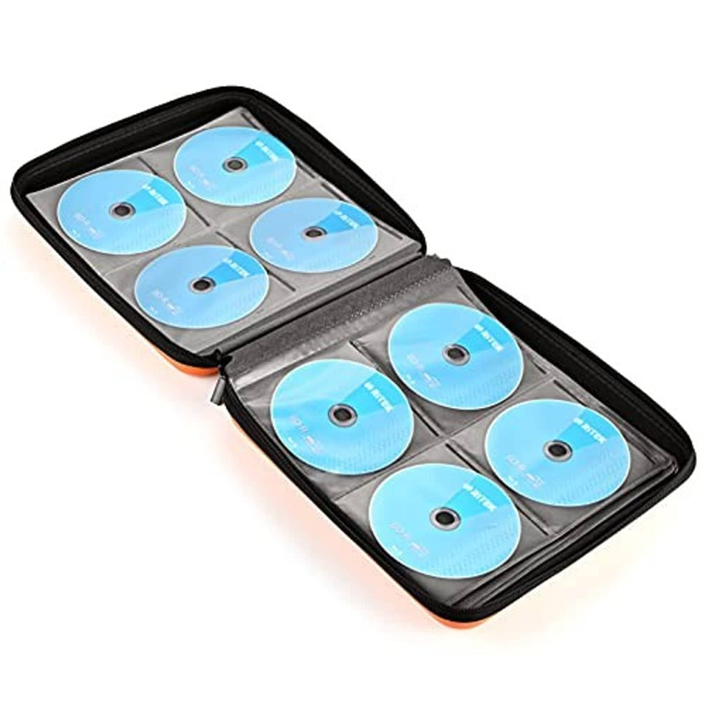Orange EVA CD case opened to reveal rows of blue CD discs