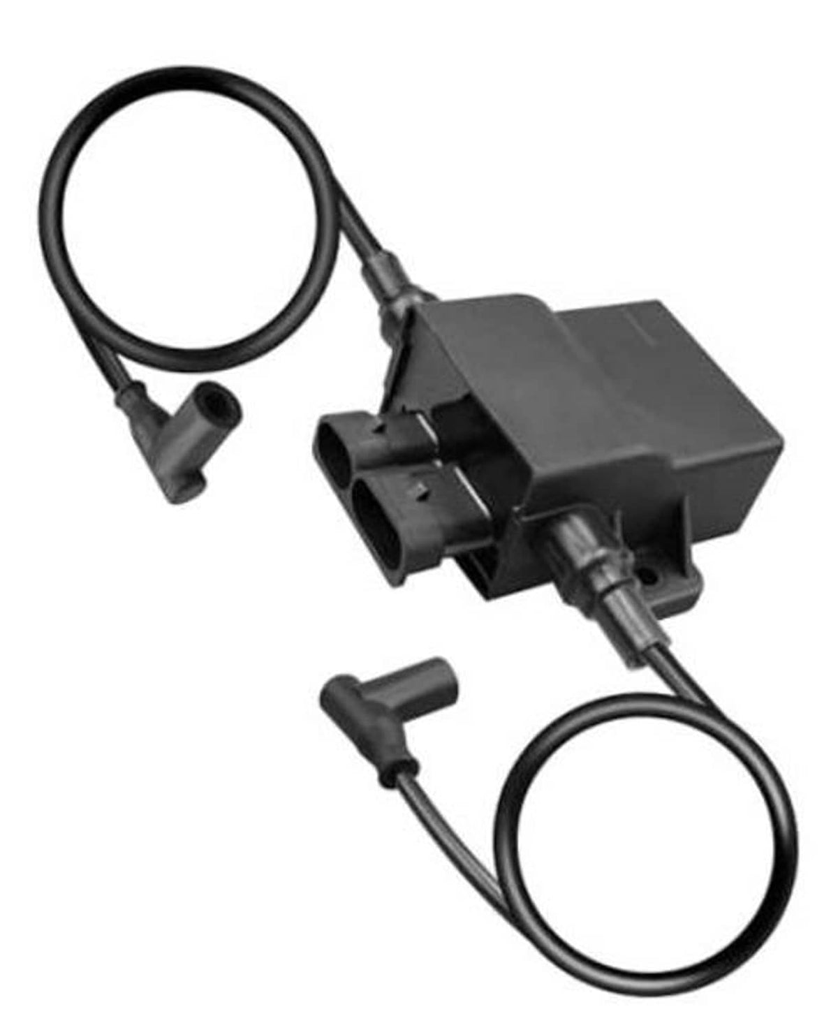 Ignition controller coil with black wiring harness and multiple electrical connectors