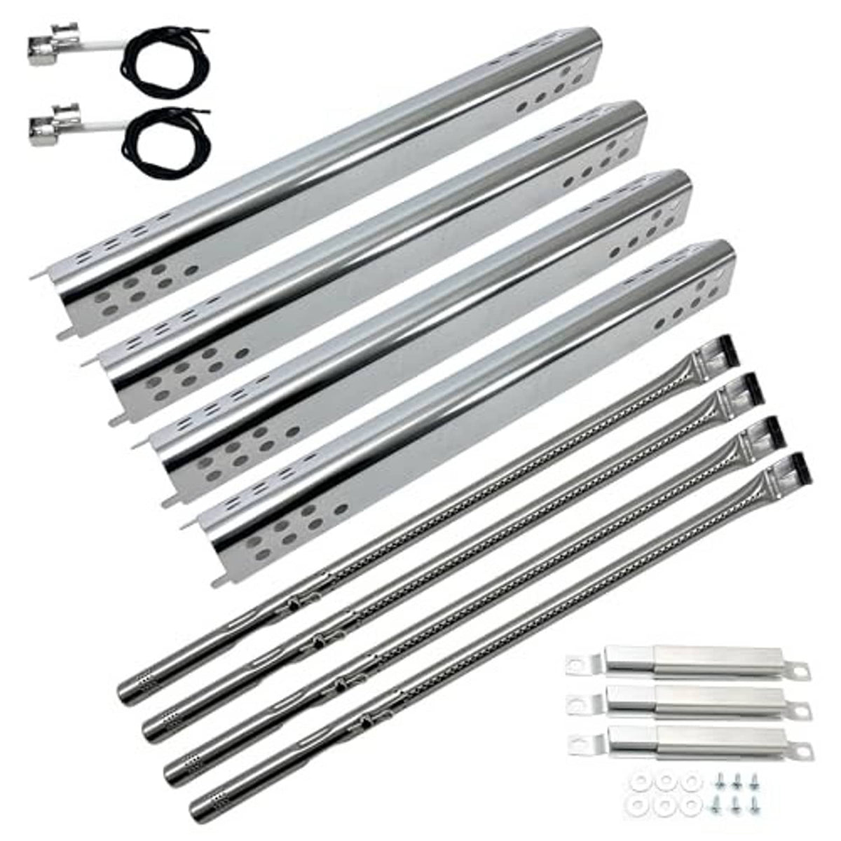 4-burner stainless grill replacement kit with burner tubes, igniter leads, and mounting hardware