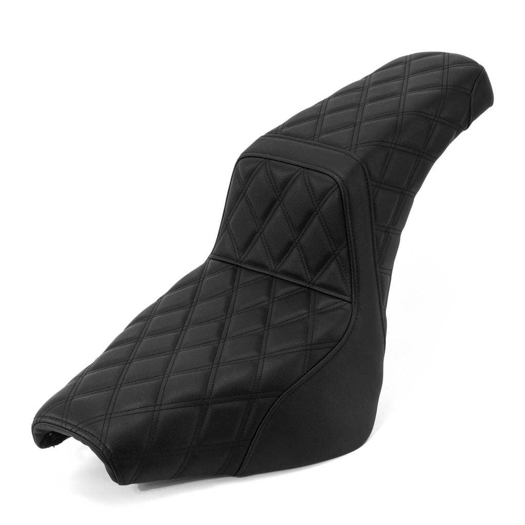 Black quilted motorcycle seat with diamond stitching and rounded nose