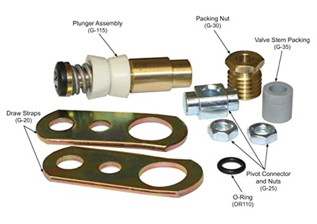 Hydrant parts kit components: plunger assembly, packing nut, pivot connector nuts, O-ring
