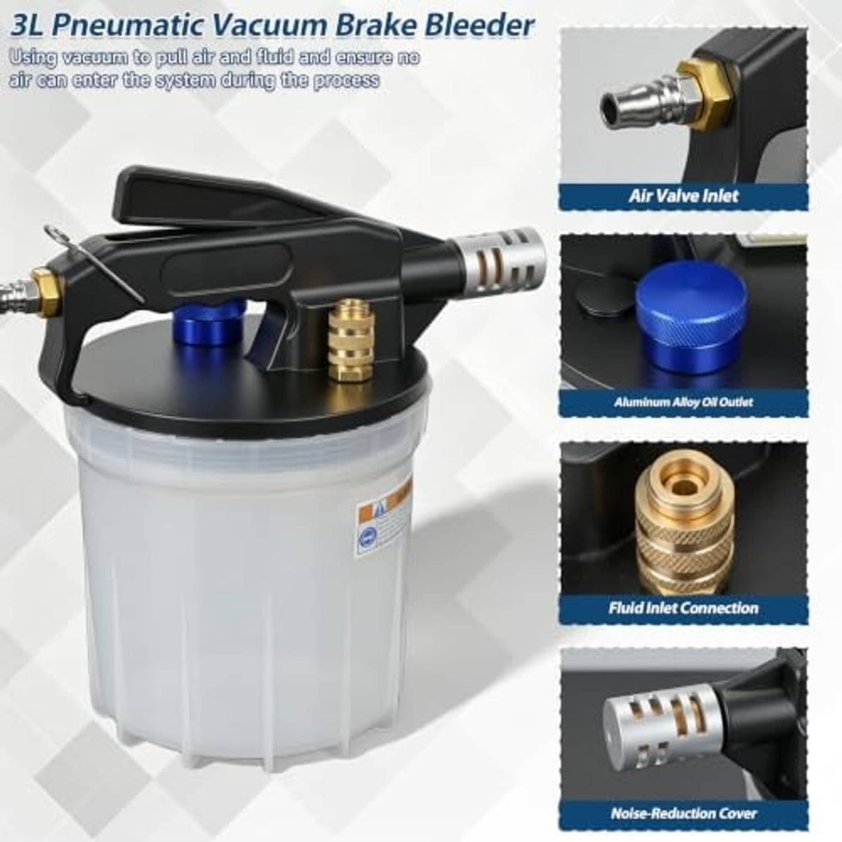 Pneumatic brake bleeder pump kit with air valve, fluid inlet fitting, and noise-reduction cover