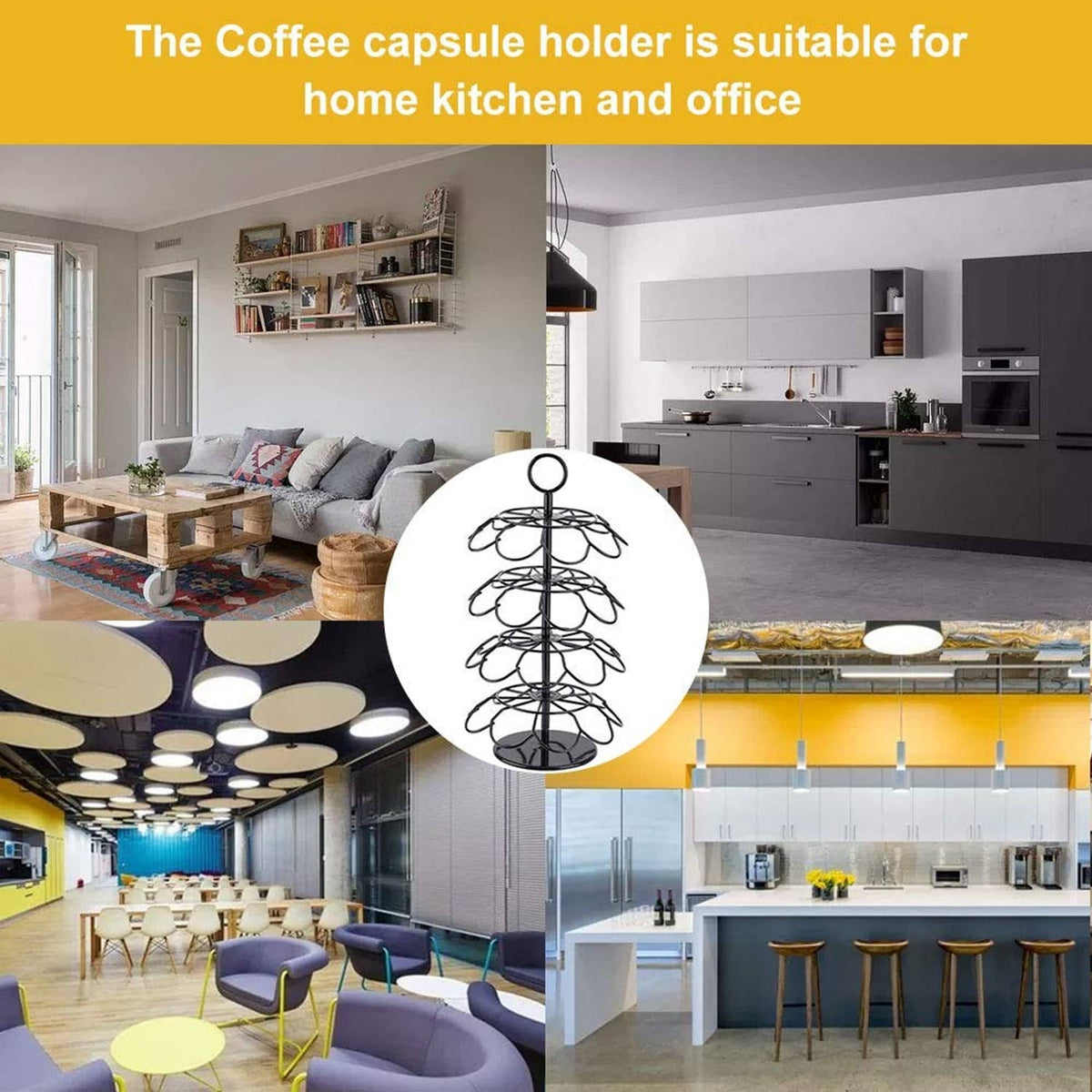 Black coffee capsule carousel holder with top ring shown in circular inset
