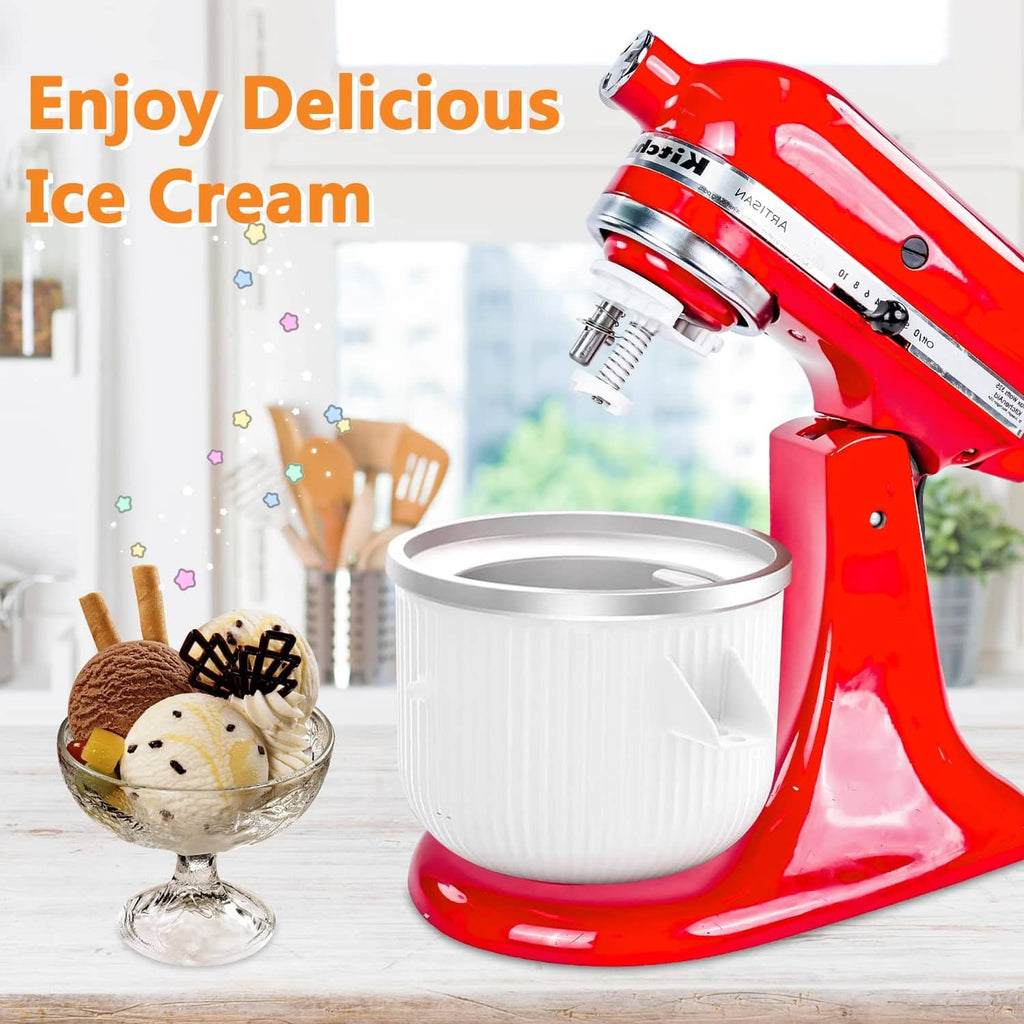 Ice cream maker bowl attachment on red KitchenAid stand mixer with white container