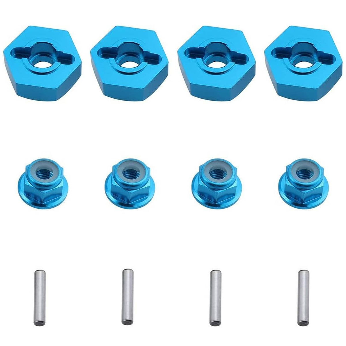Blue aluminum wheel hex drive hub adapter set with M4 threaded inserts and hex profile