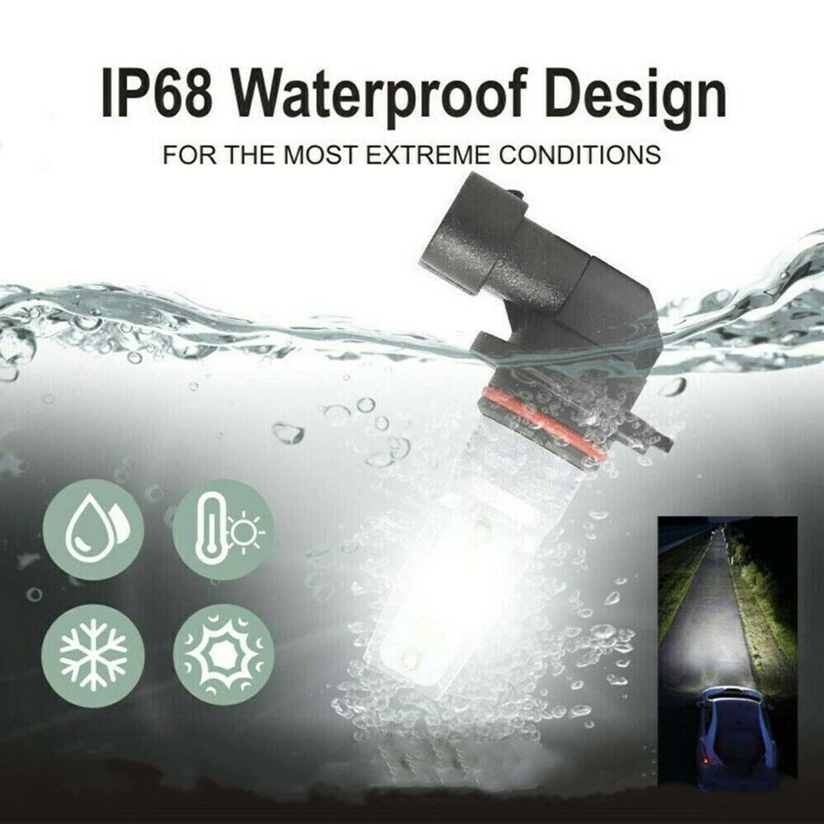 LED headlight bulb with waterproof design showing water droplets around the housing