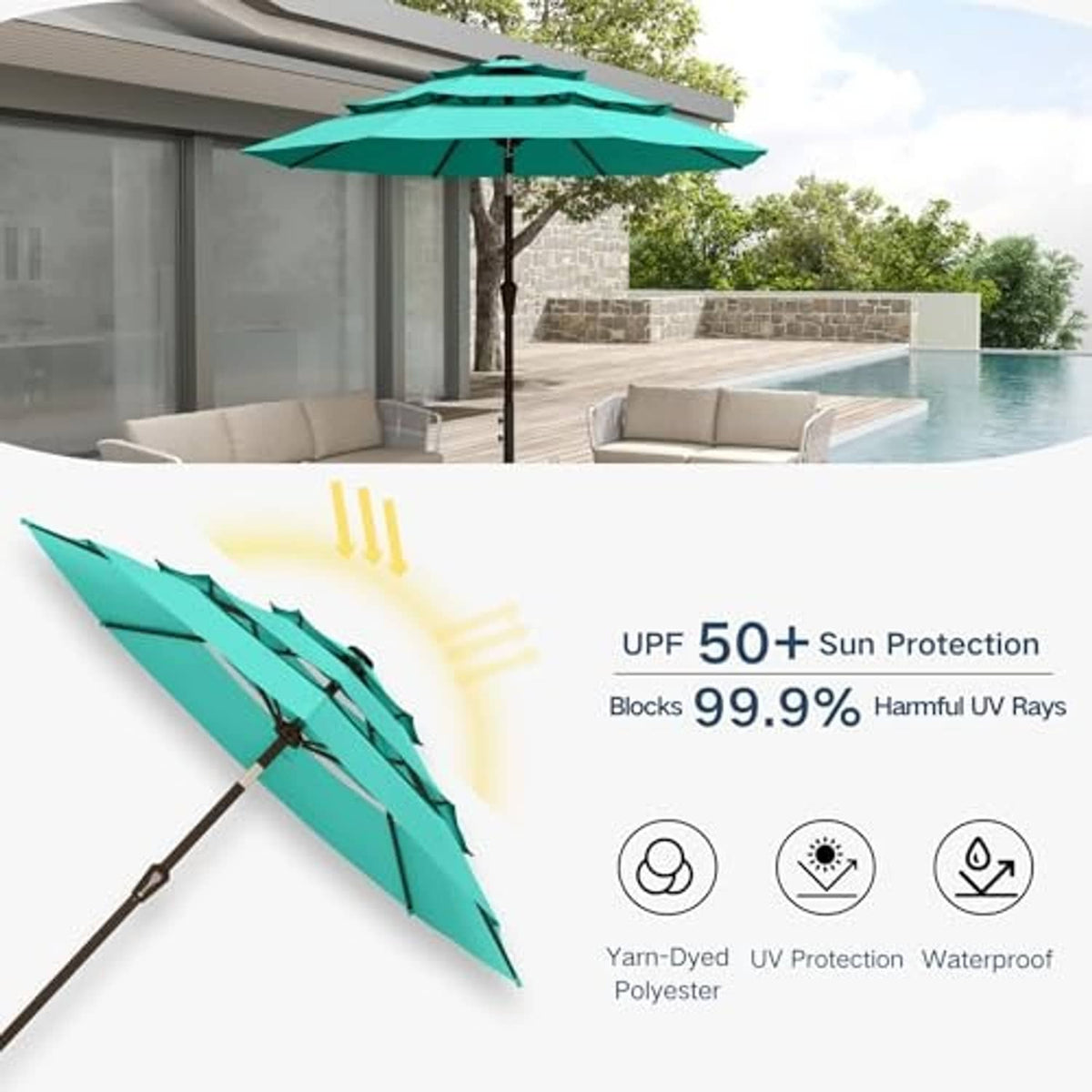 Turquoise three-tier patio umbrella with open canopy and crank pole