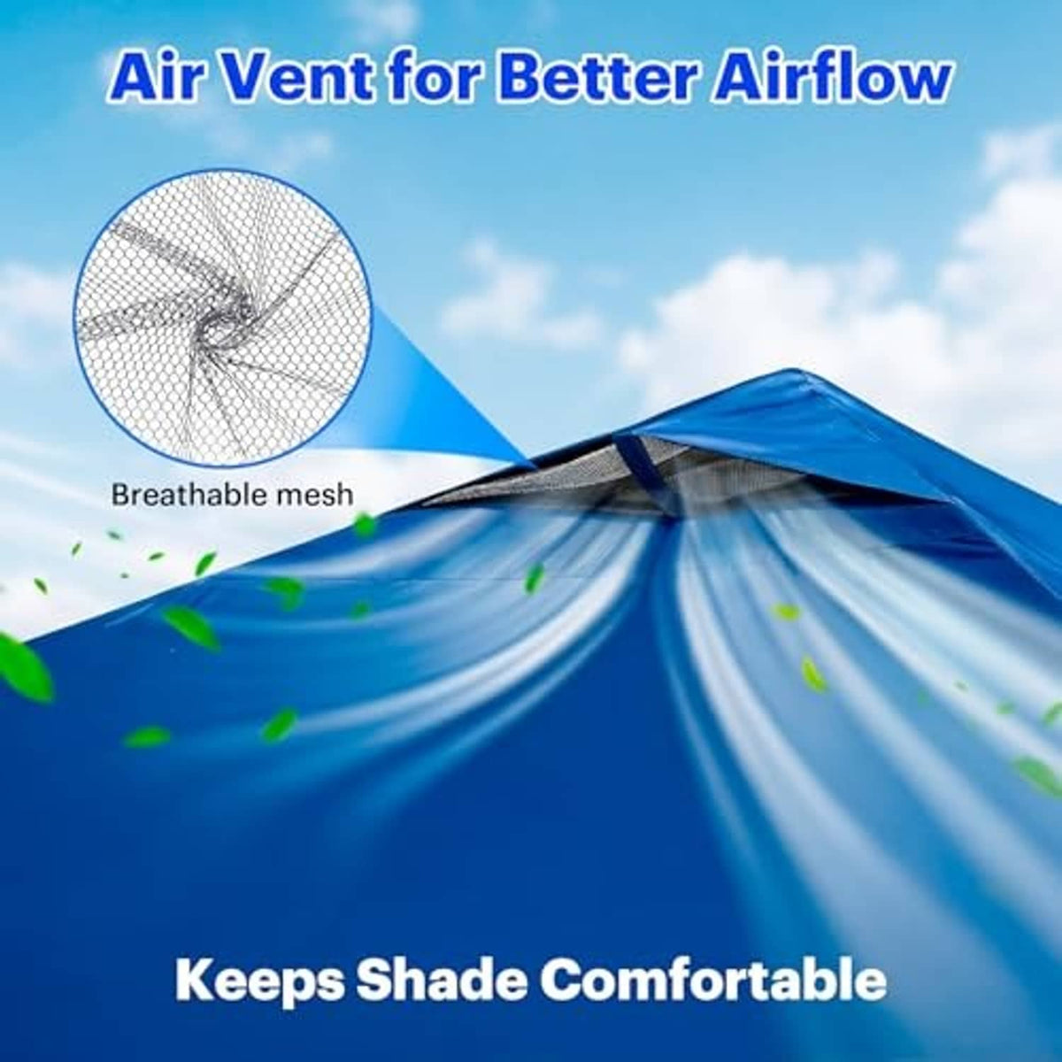 Blue canopy top with air vent and breathable mesh panel detail