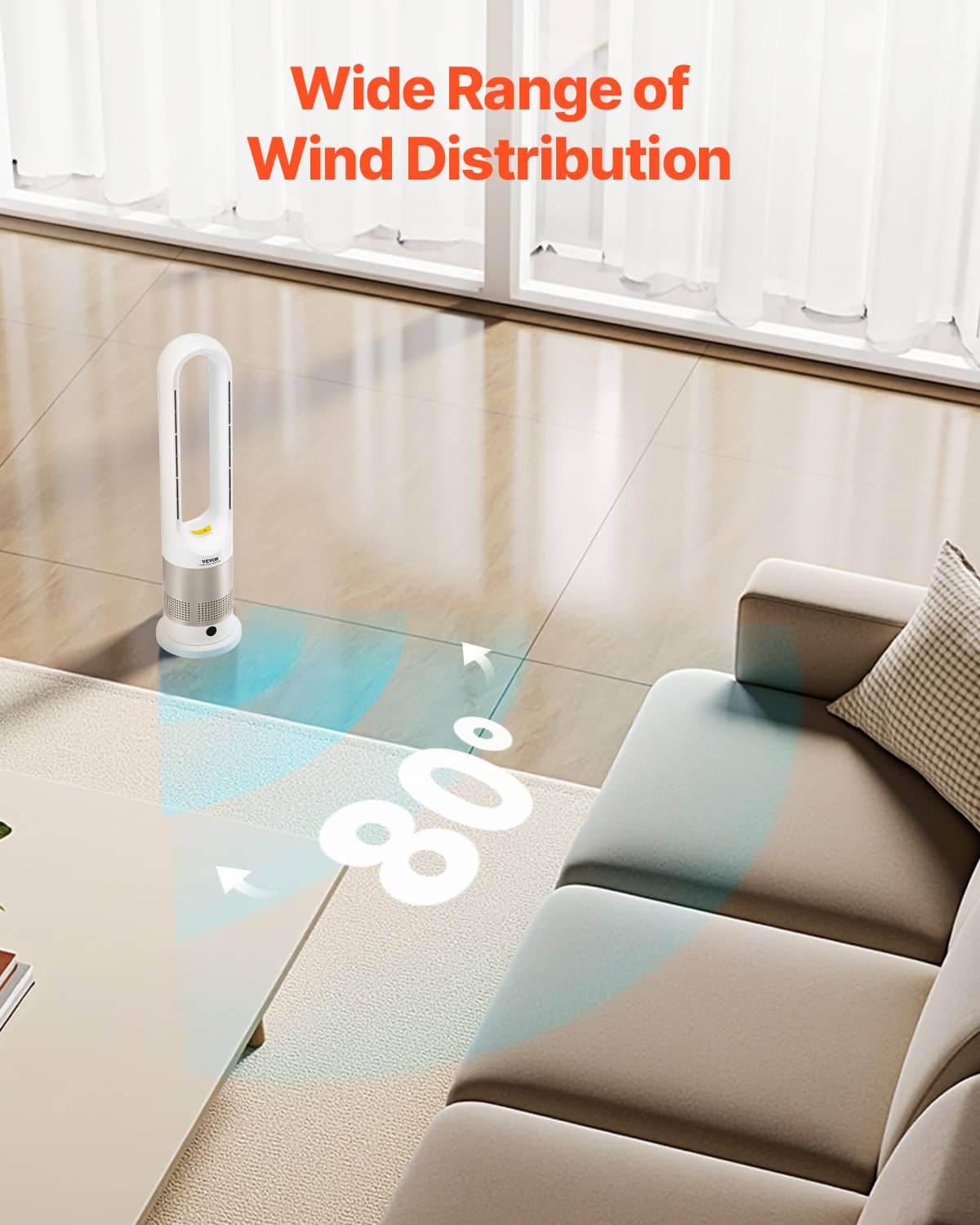 White bladeless tower fan heater with wide airflow shown by light stream