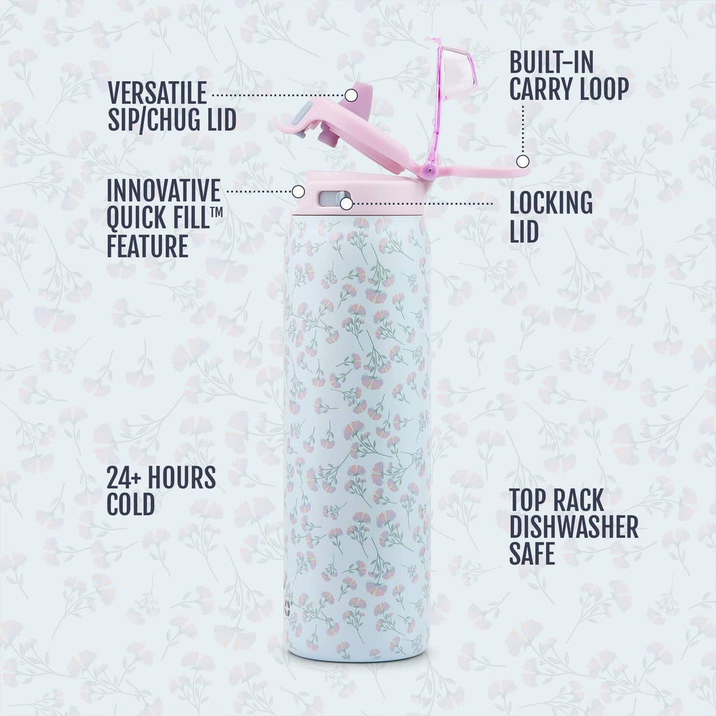 Serene Blooms stainless steel water bottle with pink locking lid