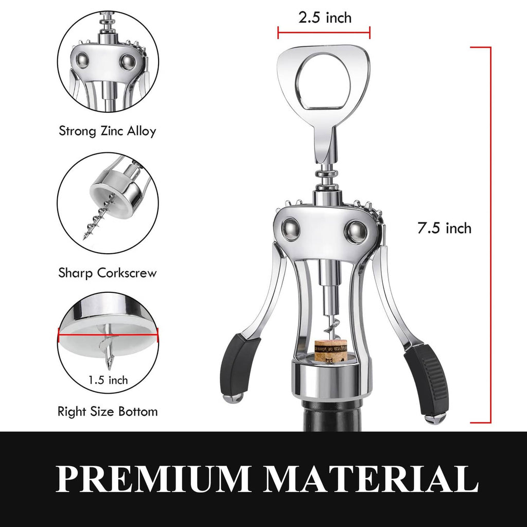 Silver wine bottle opener with corkscrew and side levers, showing size measurements