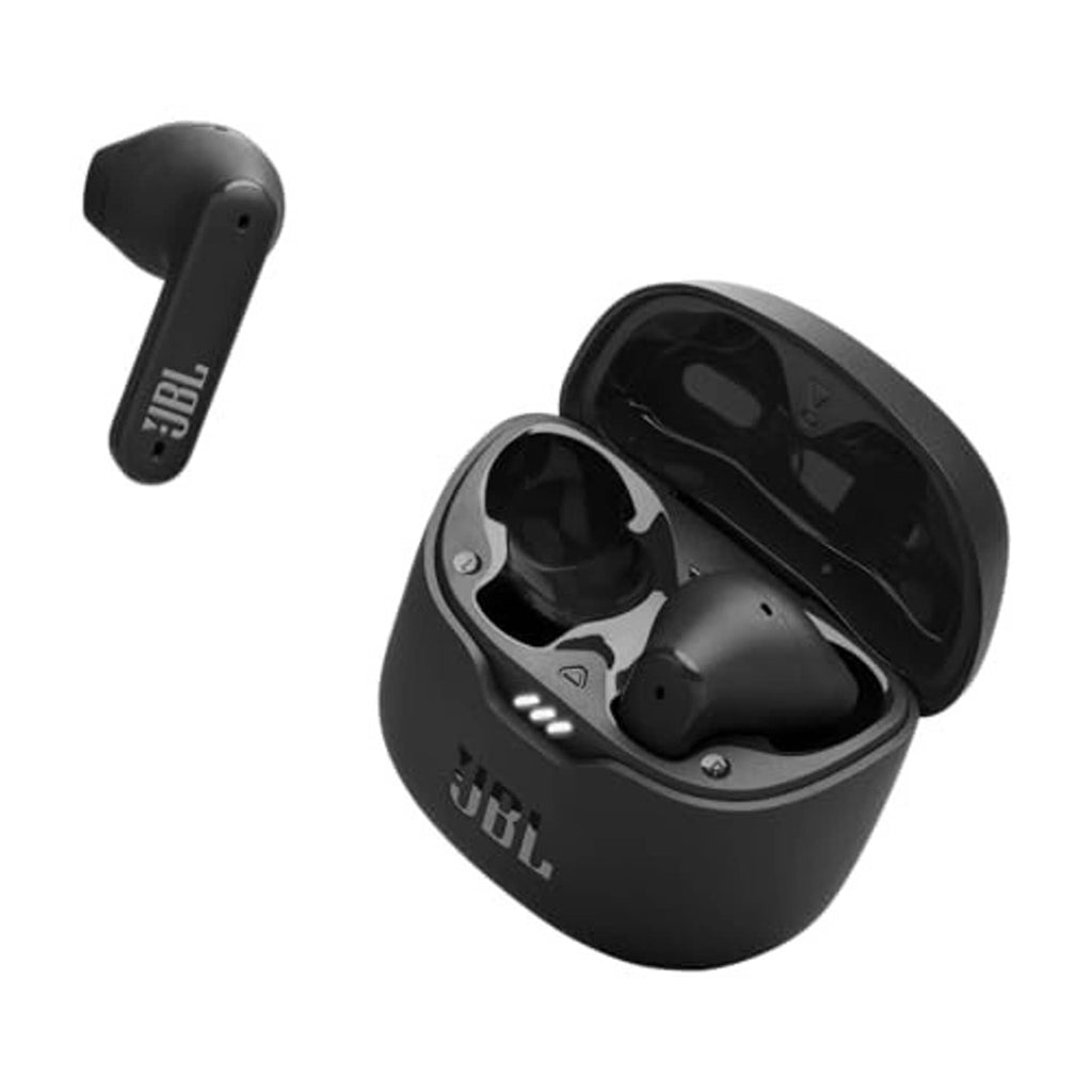Black JBL true wireless earbuds with one earbud raised from charging case