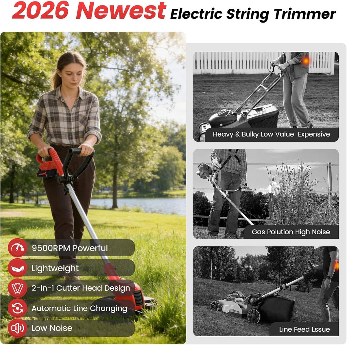 Electric string trimmer with red handle, silver shaft, and black cutting guard
