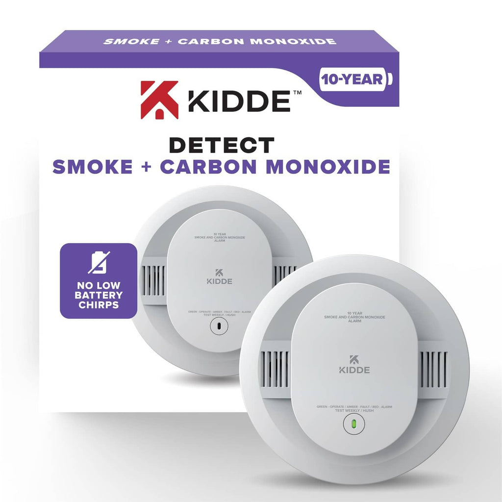 White Kidde smoke and carbon monoxide detector pack with two round alarms