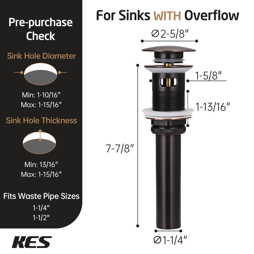 Pop-up drain sized for overflow sinks, with oil-rubbed bronze top cap