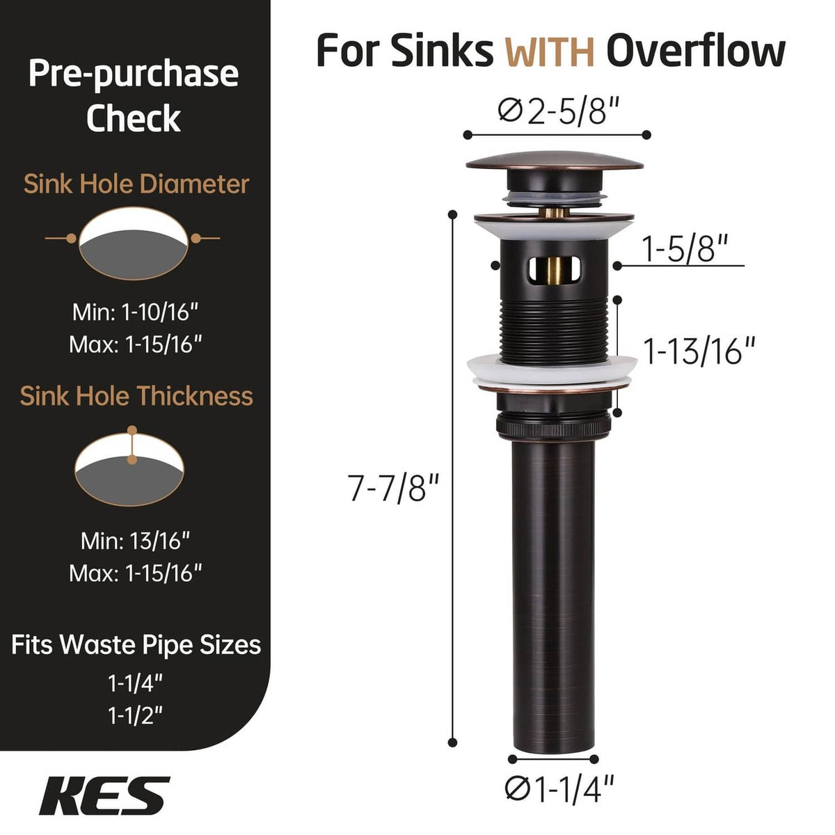 Pop-up drain sized for overflow sinks, with oil-rubbed bronze top cap