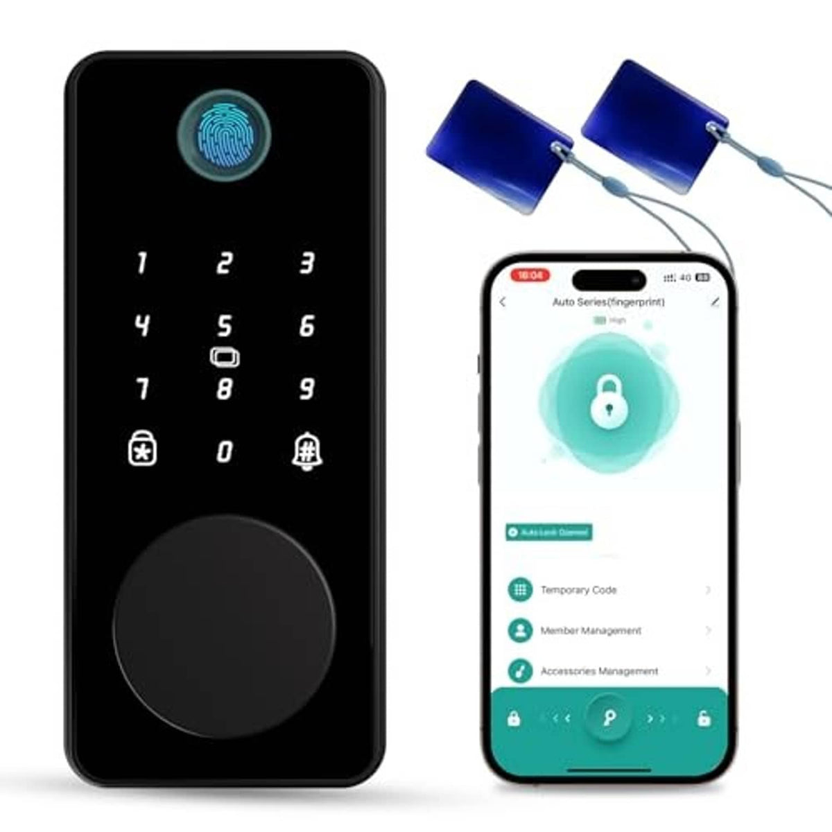 Glossy black smart door lock with keypad and fingerprint sensor, paired with app control on phone