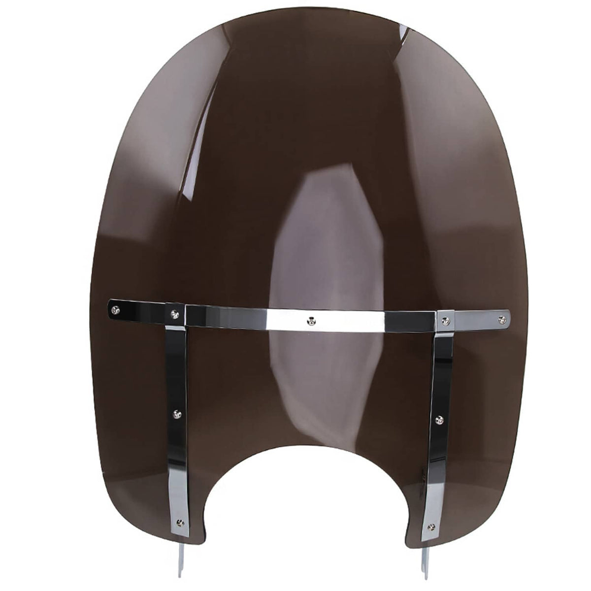 Smoke tinted motorcycle windshield with chrome mounting frame, rear view of bracket.