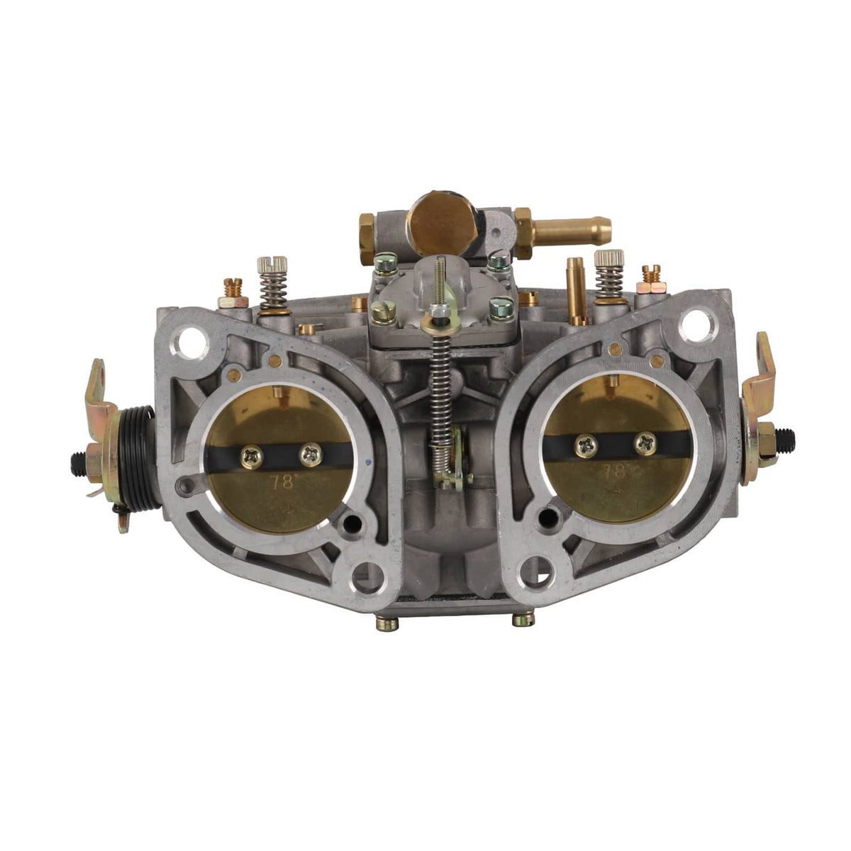 Two-barrel carburetor housing with dual throttle bores and gold-colored plates
