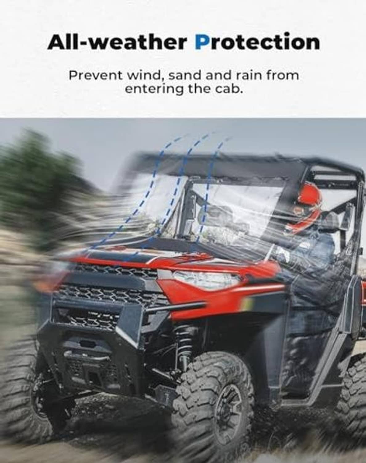 Soft front windshield with clear PVC window on an off-road UTV front