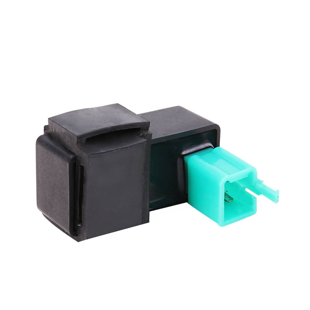 Black AC CDI box with teal electrical plug and side cutout