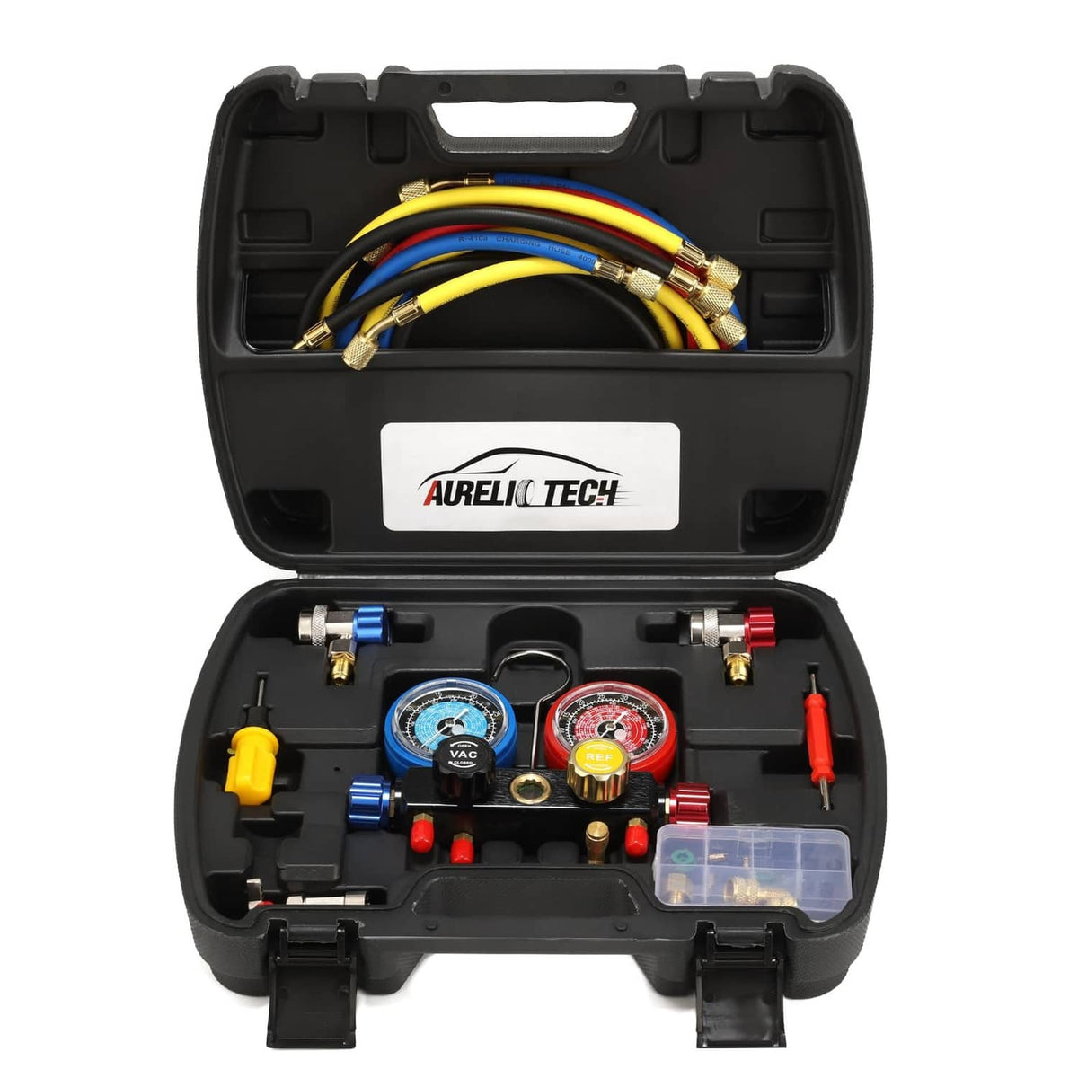 Manifold gauge set in black case with blue and red gauges and multi-colored hose assembly