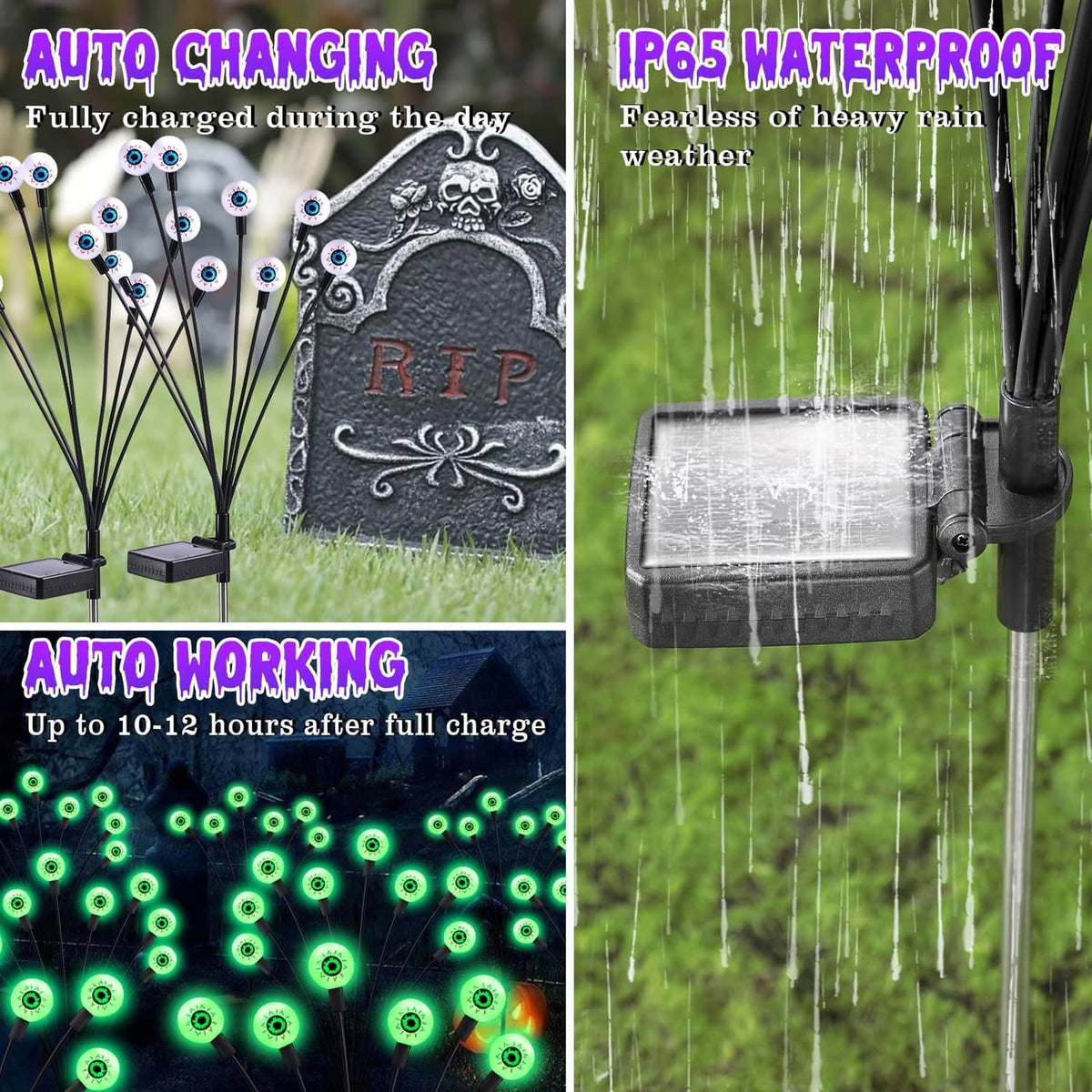 Solar Halloween stake lights with green LEDs, solar panel with rain runoff