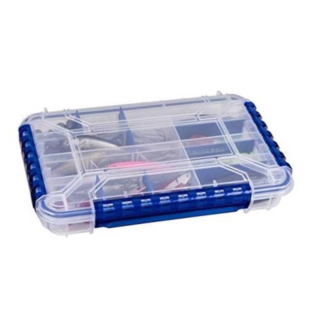 Waterproof fishing tackle organizer box with clear lid, blue latch, and fixed divider compartments.
