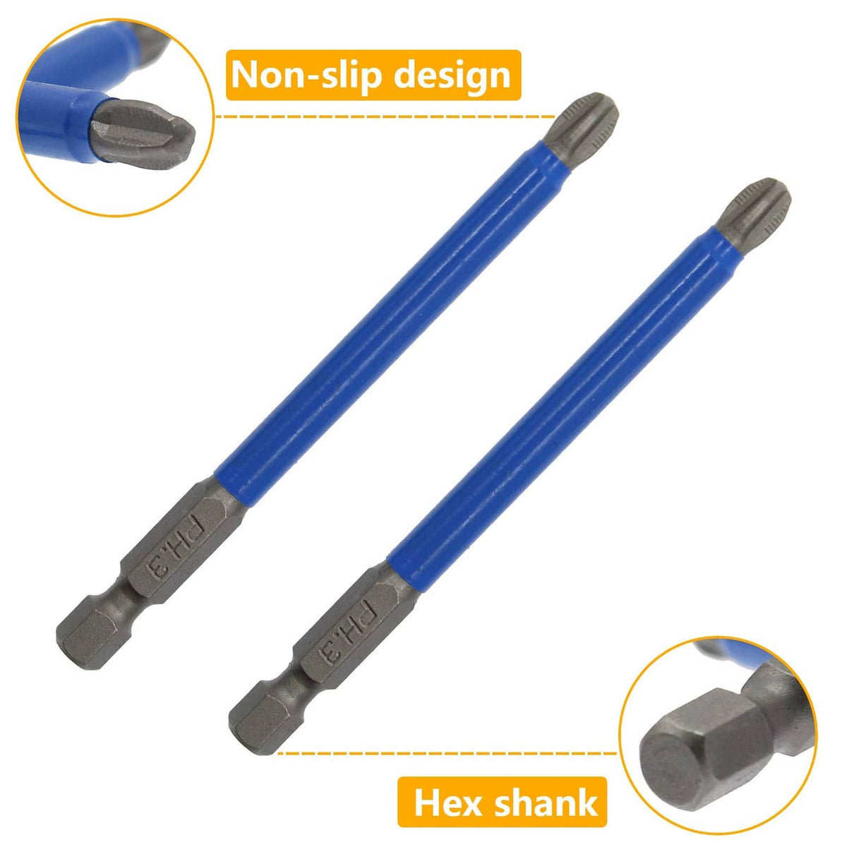 PH3 Phillips magnetic screwdriver bits, blue shafts with non-slip grip, gray hex tips