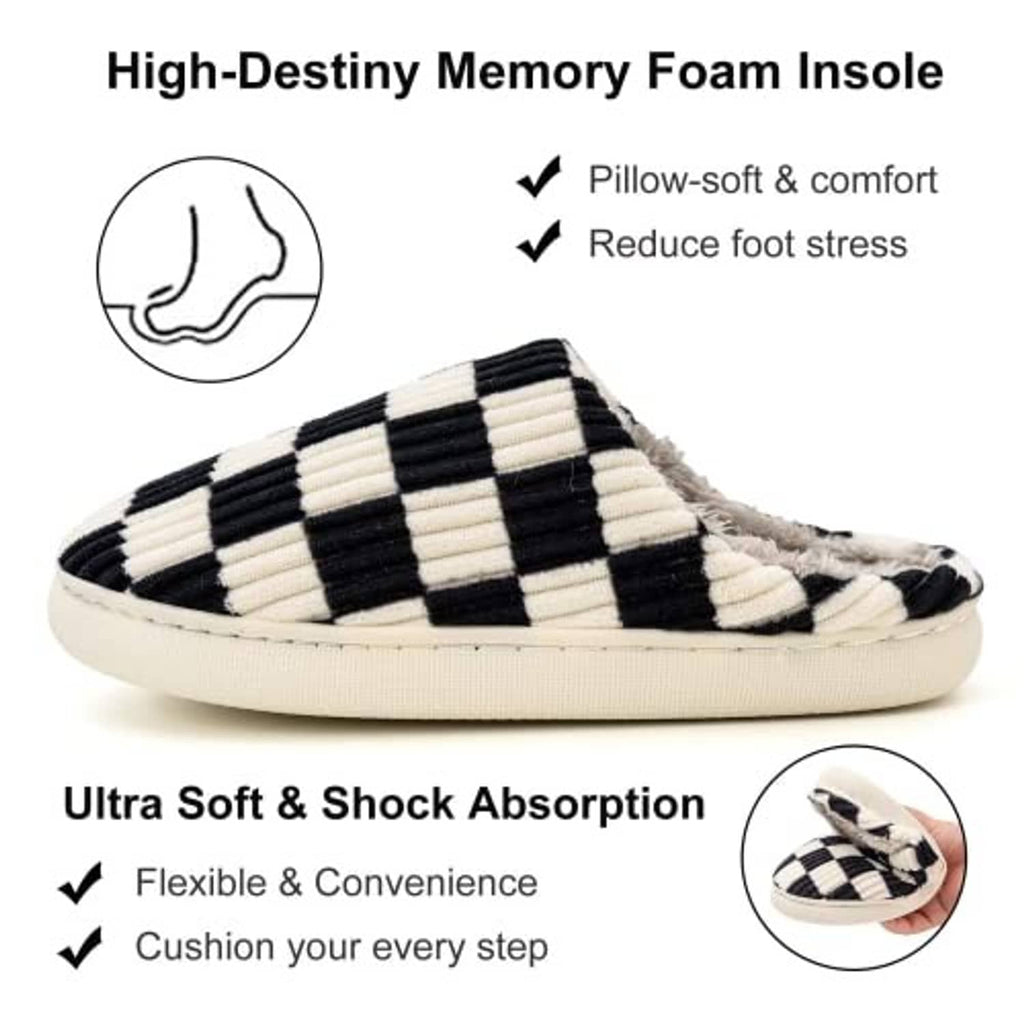 Black-and-cream plaid fuzzy slippers with thick cushioned sole for indoor comfort