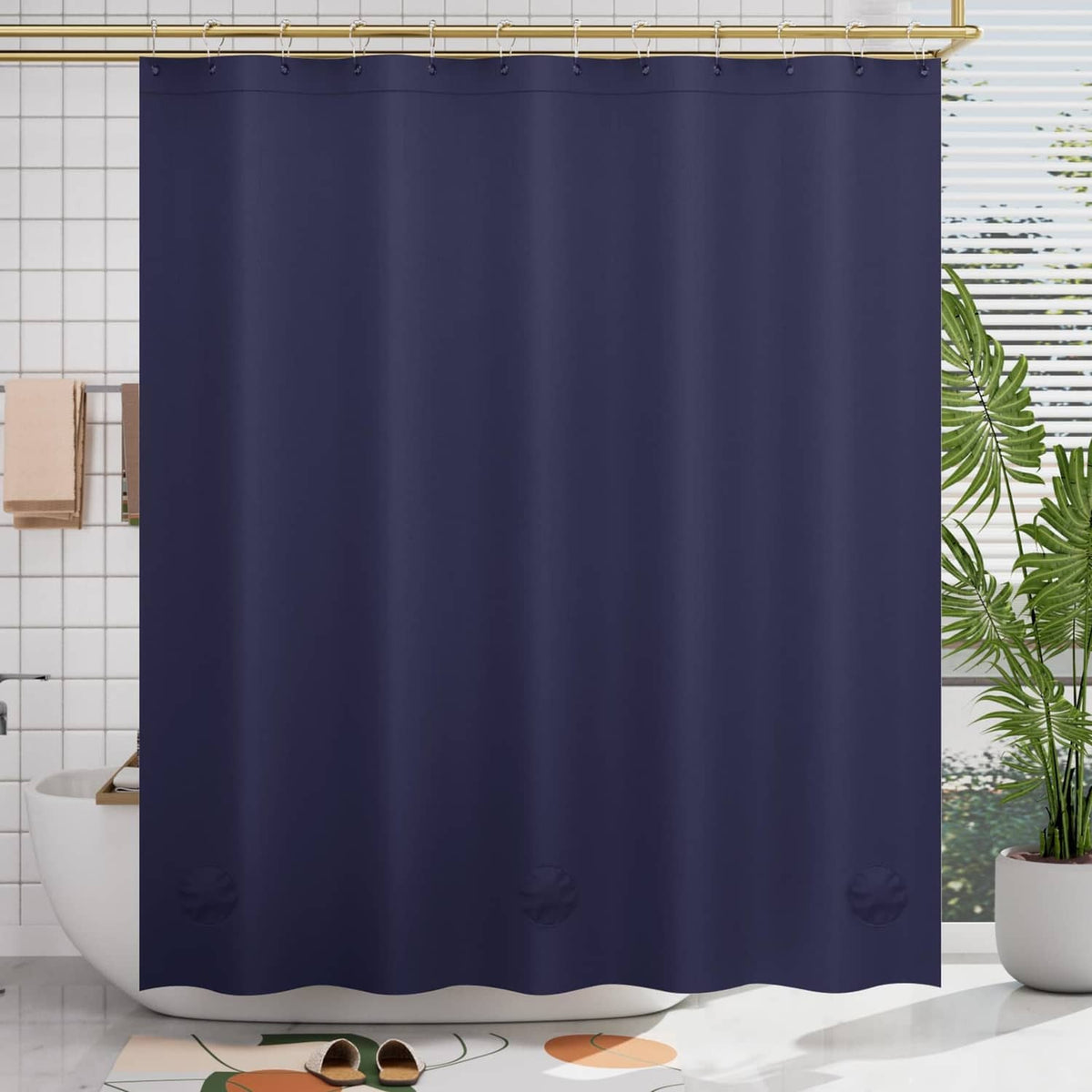 Navy blue thick shower curtain with grommet top and subtle stitched texture.