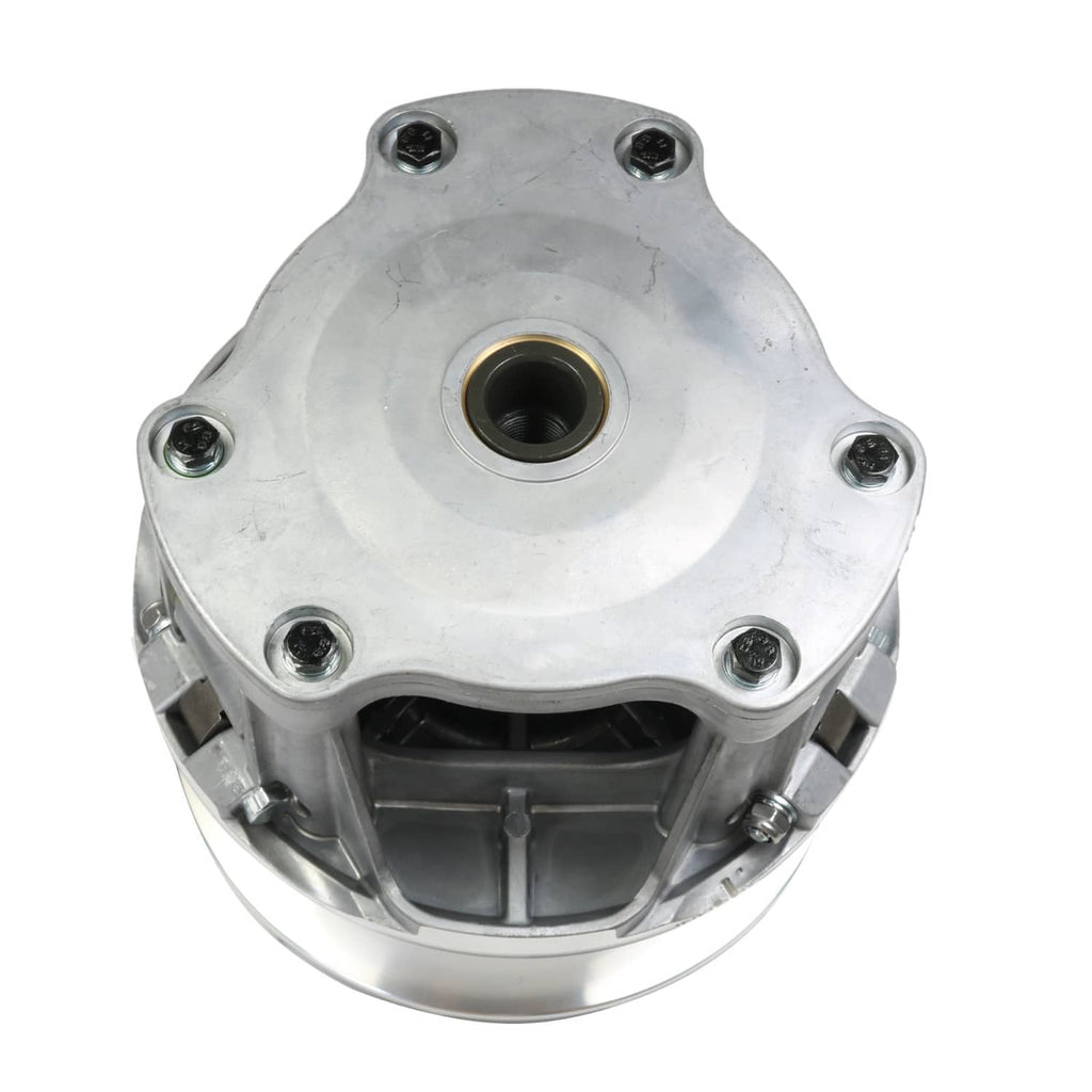 Primary drive clutch assembly with round faceplate, bolt holes, and center hub