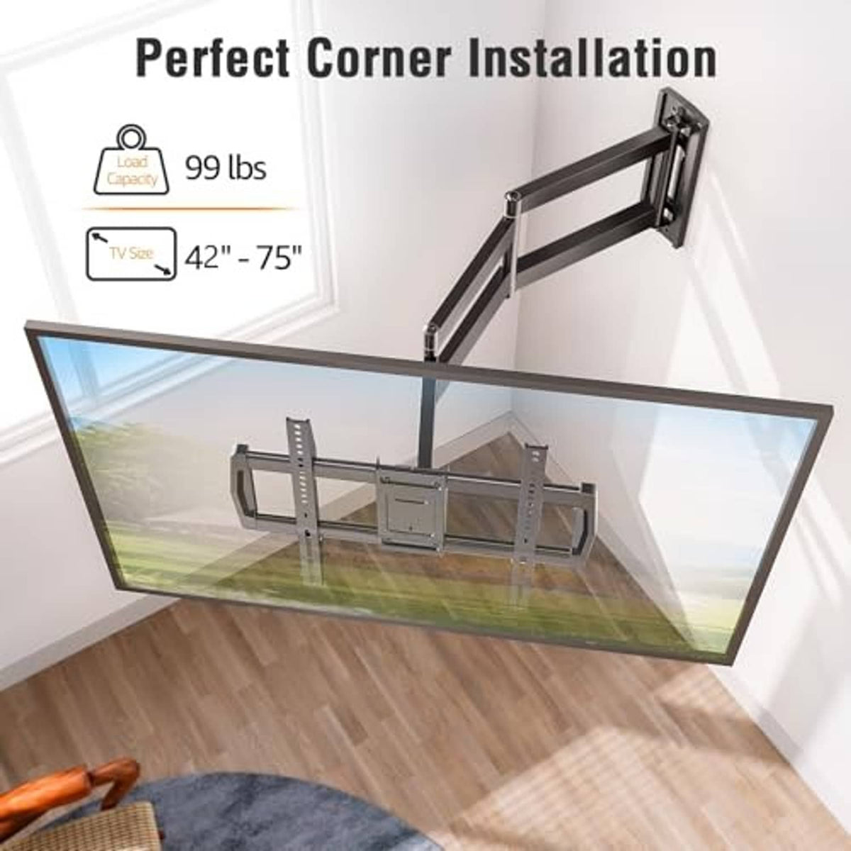 Black corner TV wall mount with long arms and multiple mounting rails