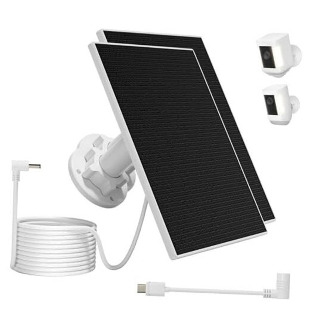 Solar panel kit with black solar panel, white mounting bracket, cable and clips