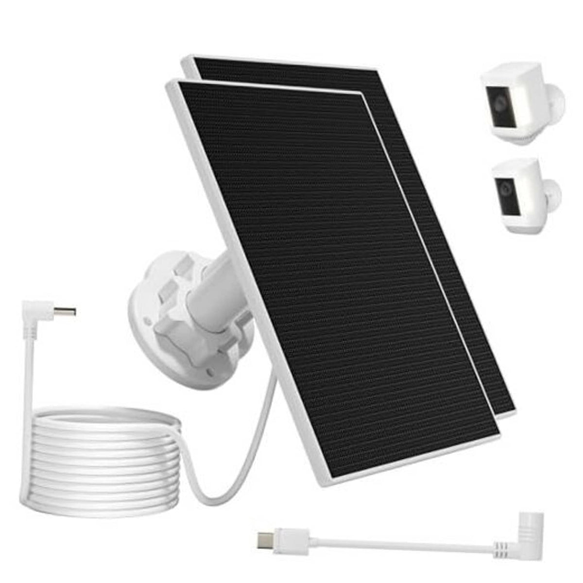 Solar panel kit with black solar panel, white mounting bracket, cable and clips