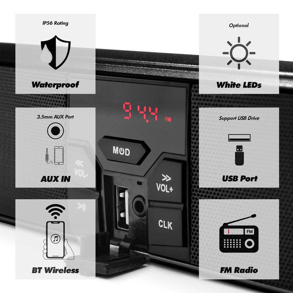 Black speaker front panel with AUX in, USB port, Bluetooth, and FM radio controls.