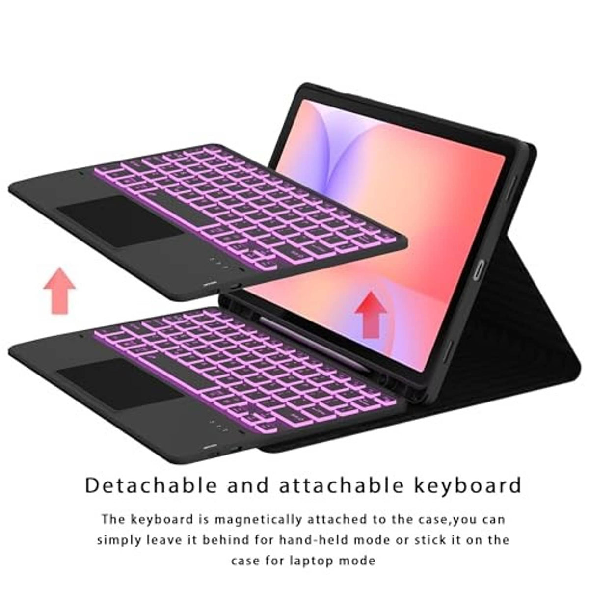 Black folio keyboard case showing detachable keyboard and 7-color backlit keys on stand.