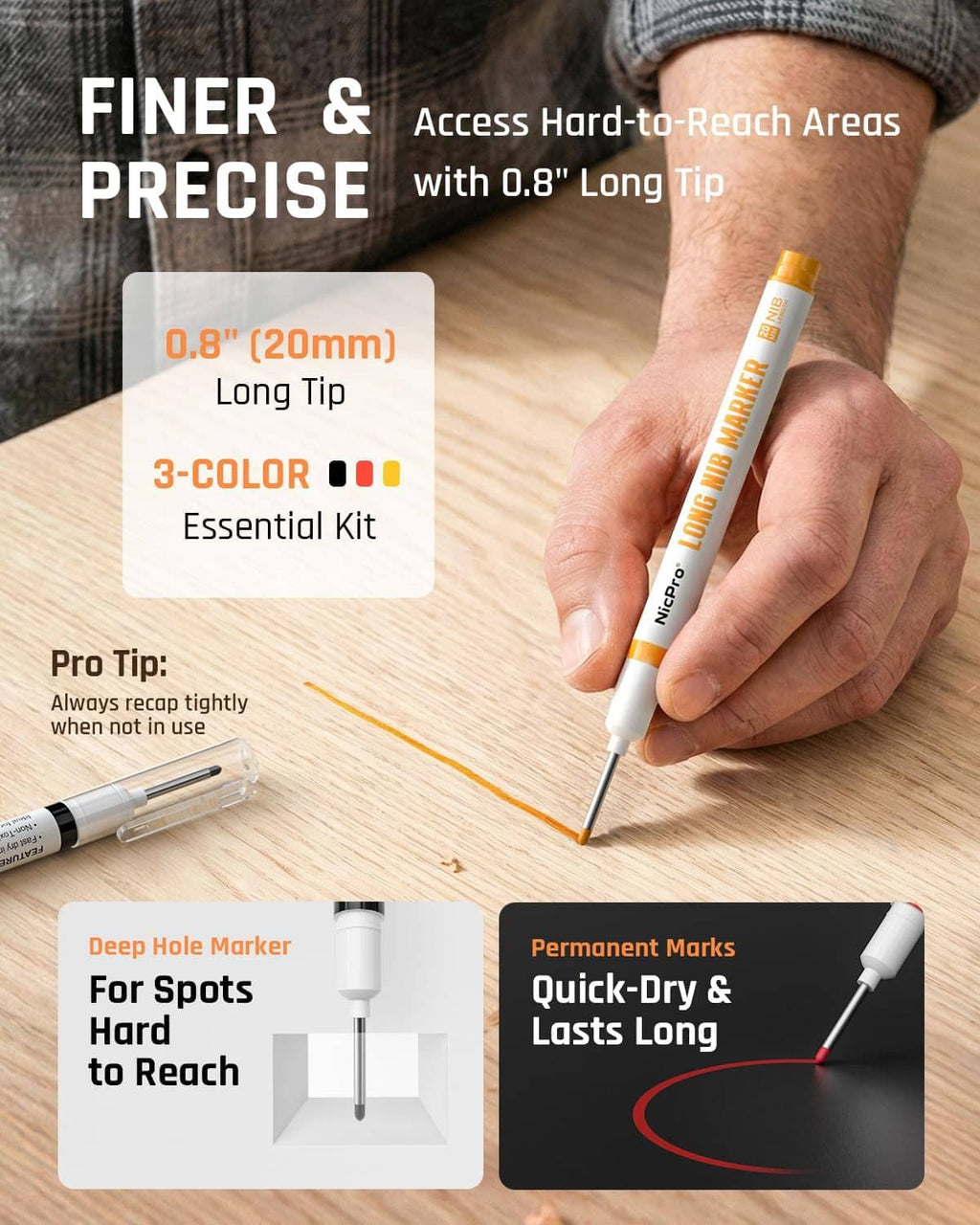 White mechanical pencil with long 0.8 in tip for precise, hard-to-reach area marking.