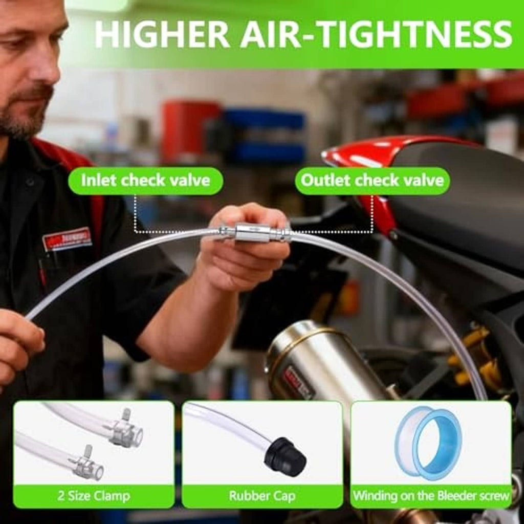 Brake bleeder hose set with inlet and outlet check valves and clear tubing.