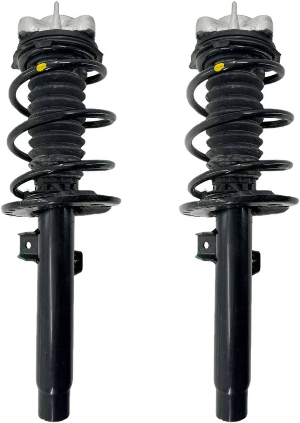 Front shock absorber strut assembly pair, black coil spring and silver top mount.
