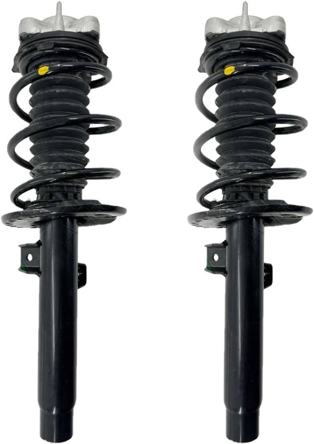 Front shock absorber strut assembly pair, black coil spring and silver top mount.