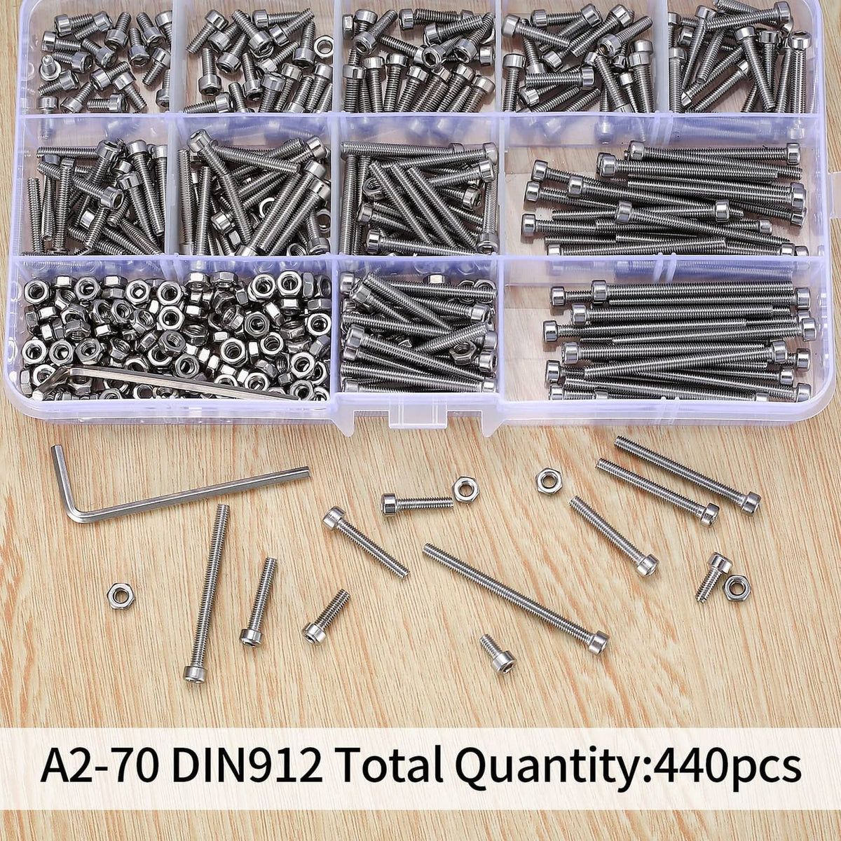 Divided storage box holding silver M3 hex socket screws, nuts, and hex keys