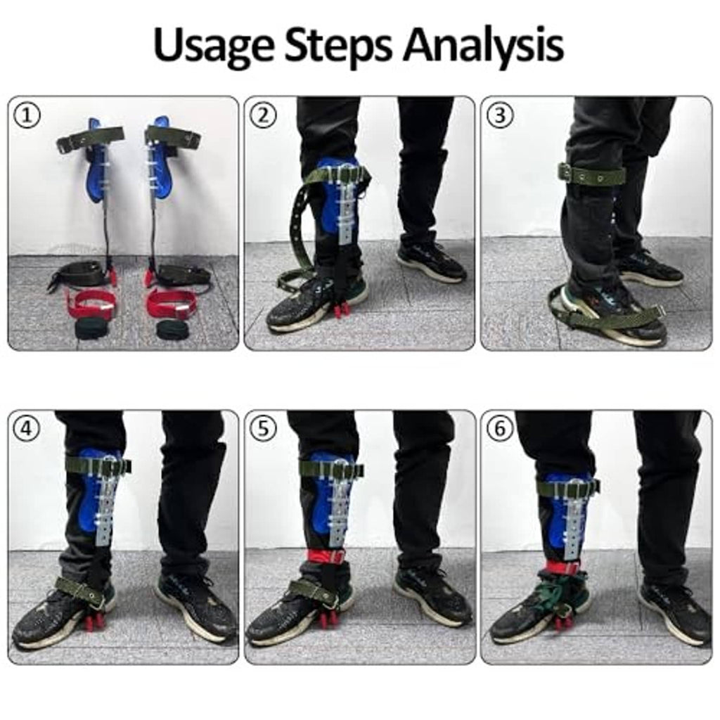 Blue tree climbing spikes with green straps fitted over work boots