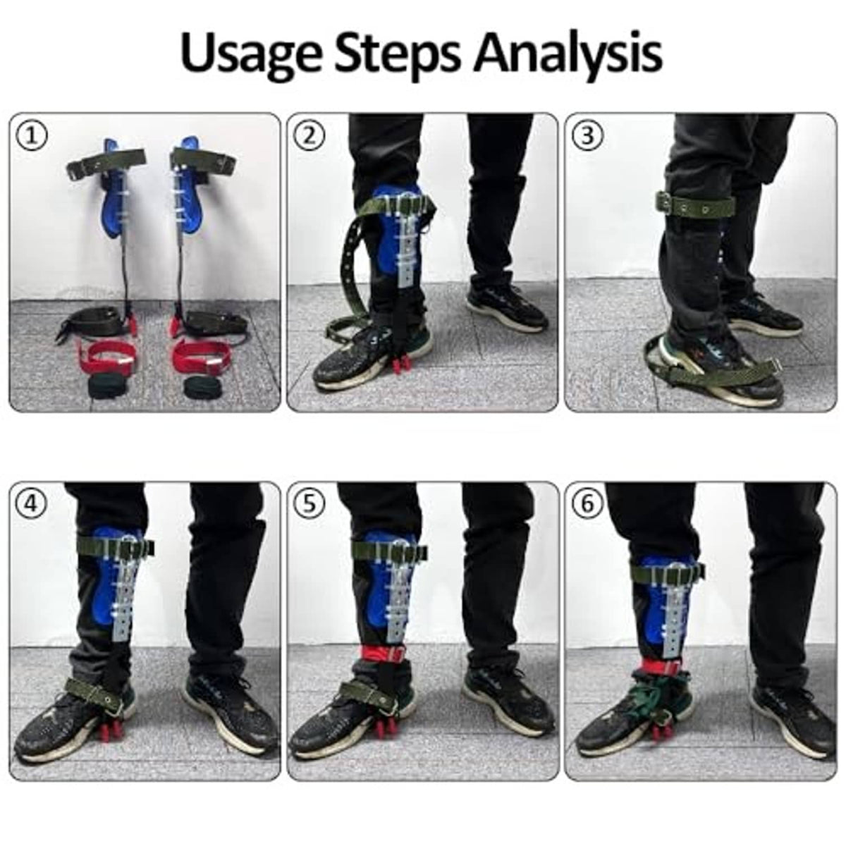 Blue tree climbing spikes with green straps fitted over work boots
