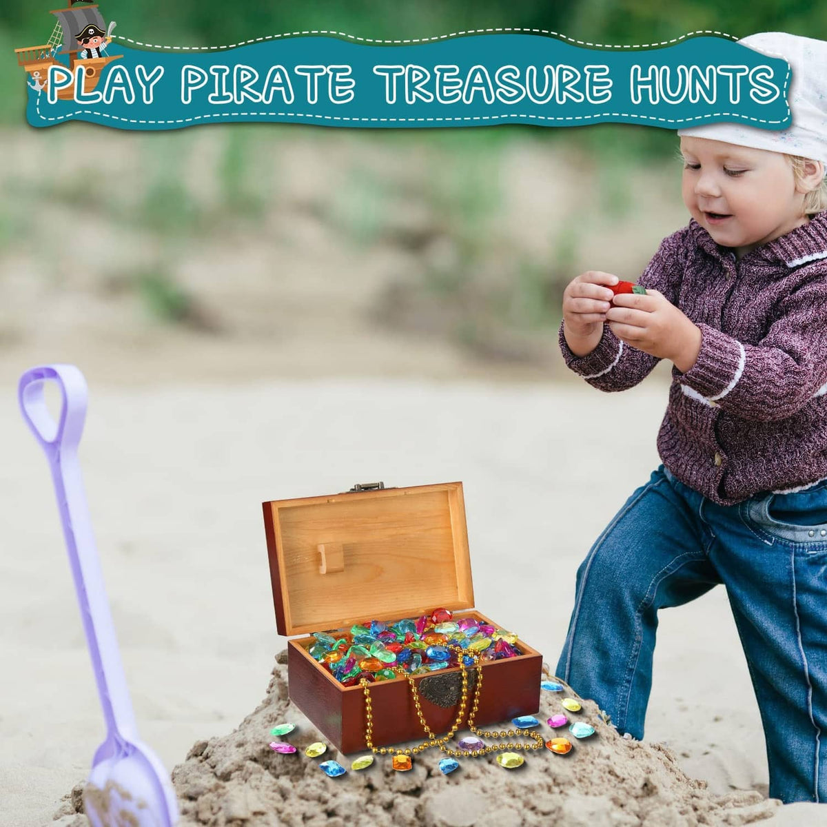 Small wooden treasure chest with multicolor faceted acrylic gems