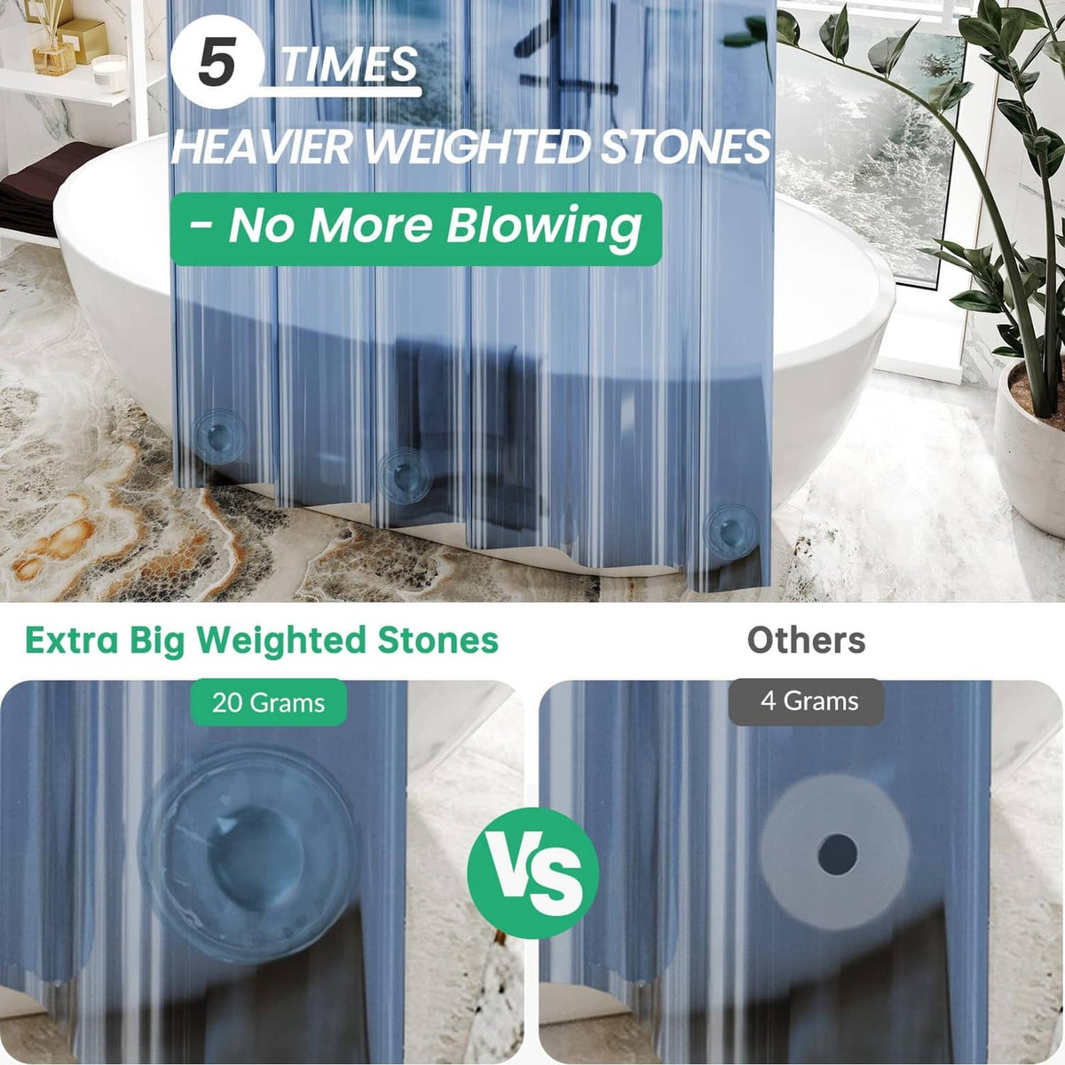 Blue weighted shower curtain hem with multiple water-stones to reduce blowing.