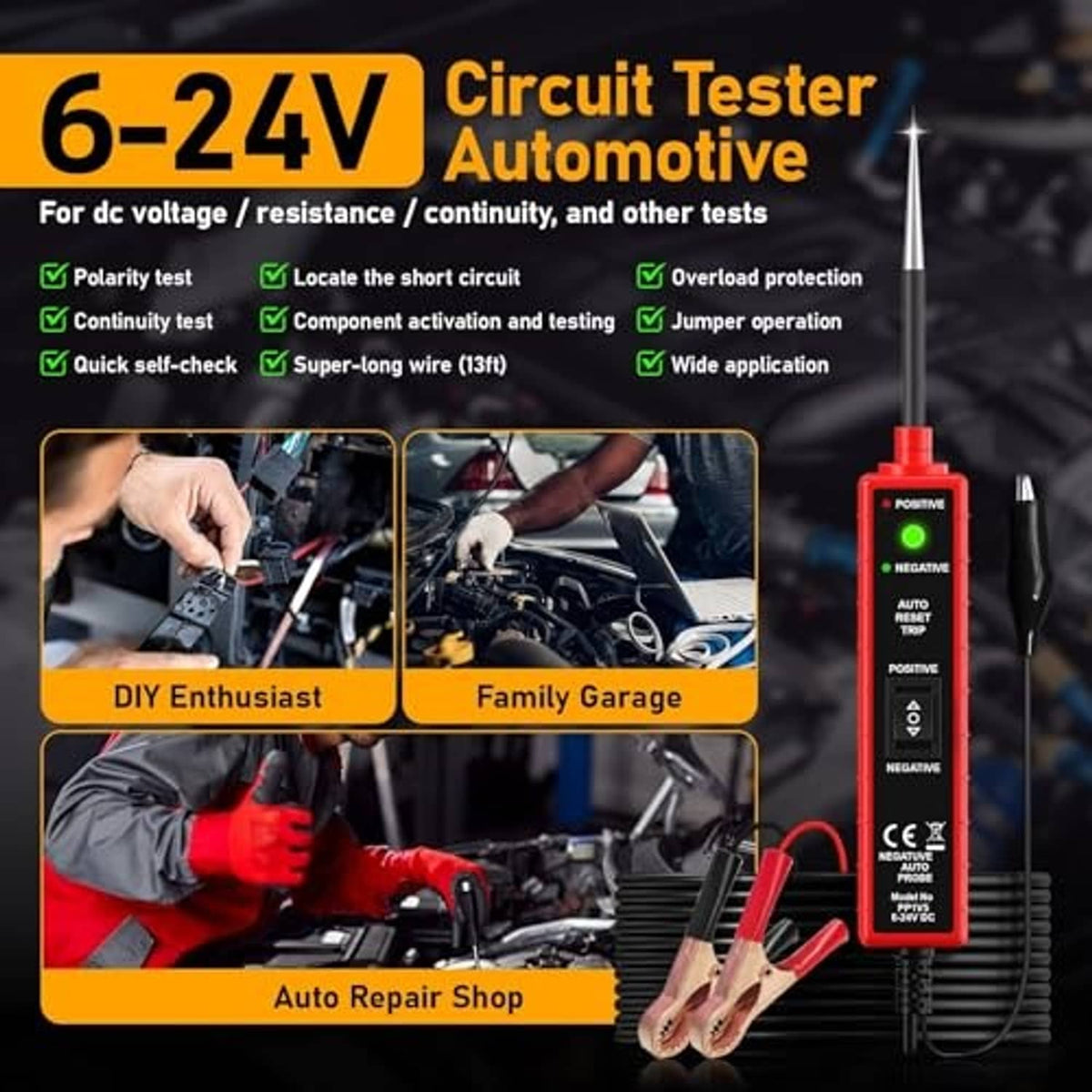 Red automotive circuit tester with probe leads and alligator clip set on long cord