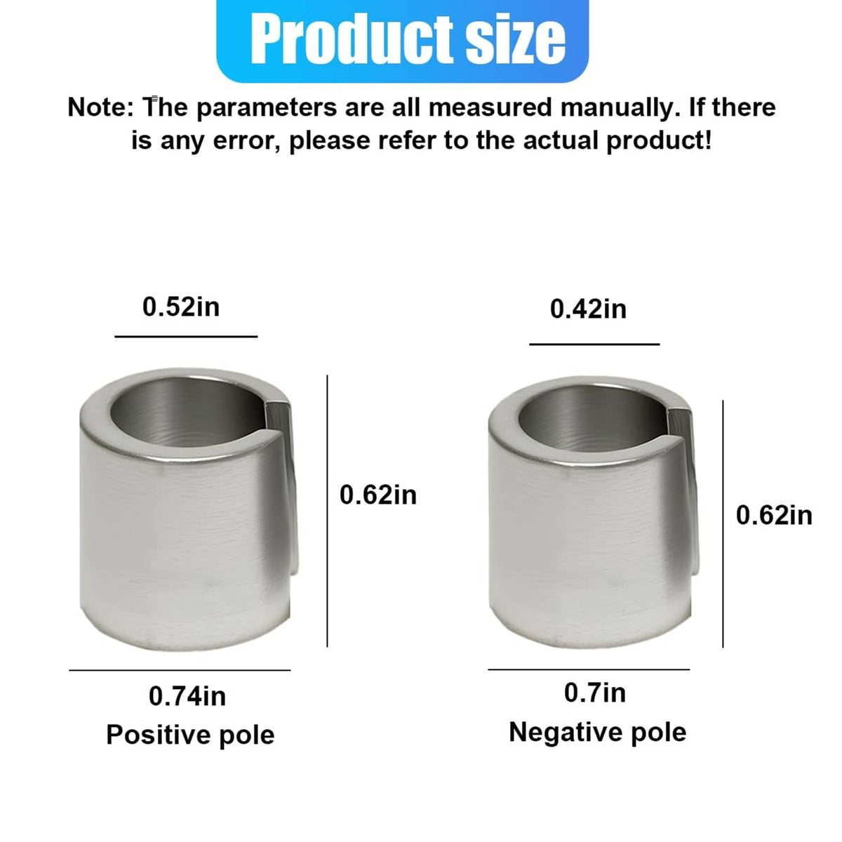 Battery terminal shim sleeves with size measurements for positive and negative poles