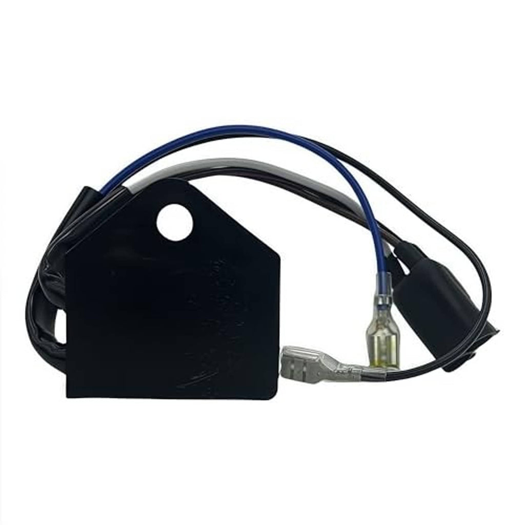 Black CDI module with circular mounting hole and blue/black wire harness