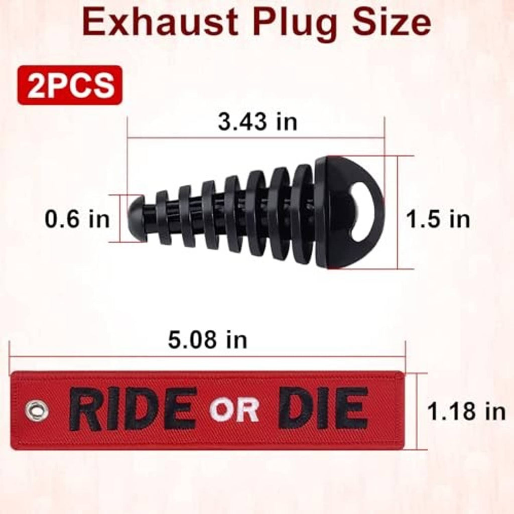 Black exhaust plug with red 'RIDE OR DIE' strap; size shown as 0.6–1.5 in
